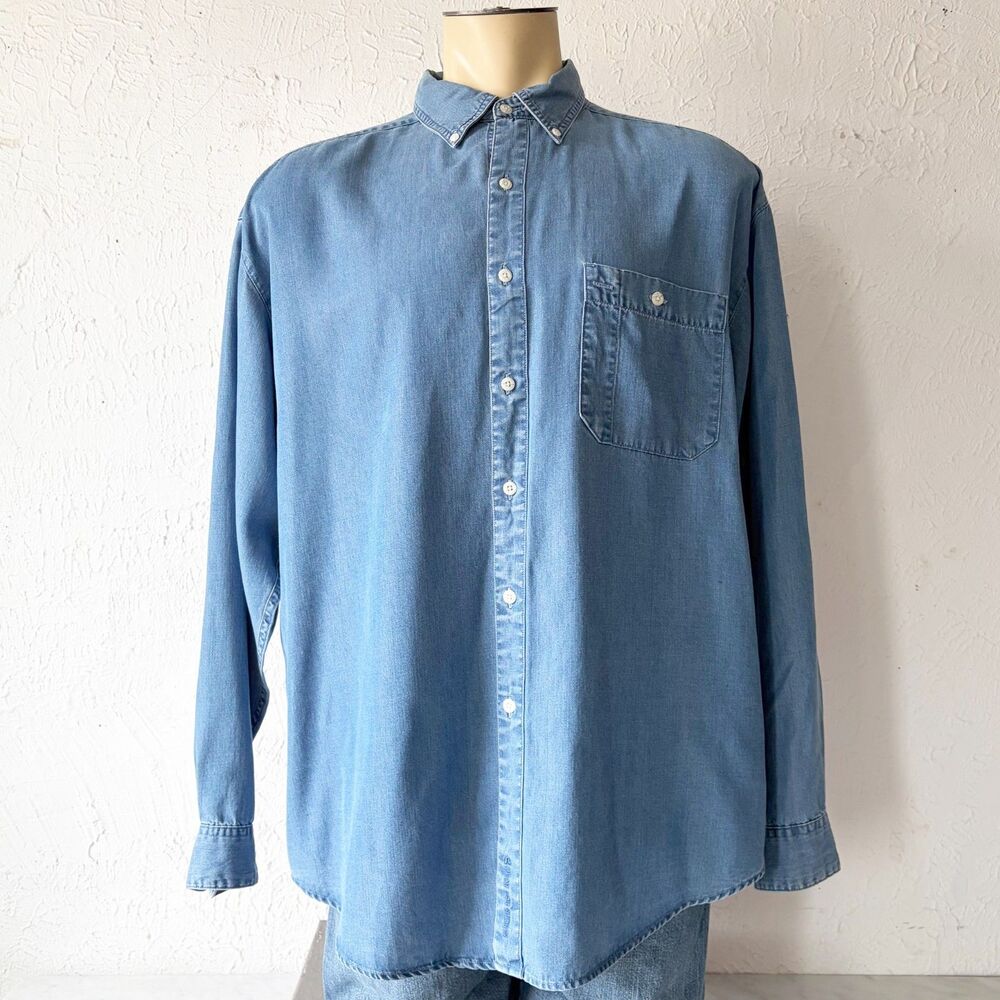 Denim Button Down Shirt Men's XL Blue Tencel Blend Long Sleeve Gear for Sports